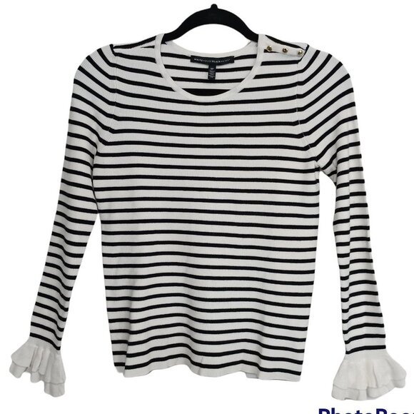 White House Black Market Sweater Black Striped Ruffle Cuff Gold Button WHBM - Picture 1 of 11